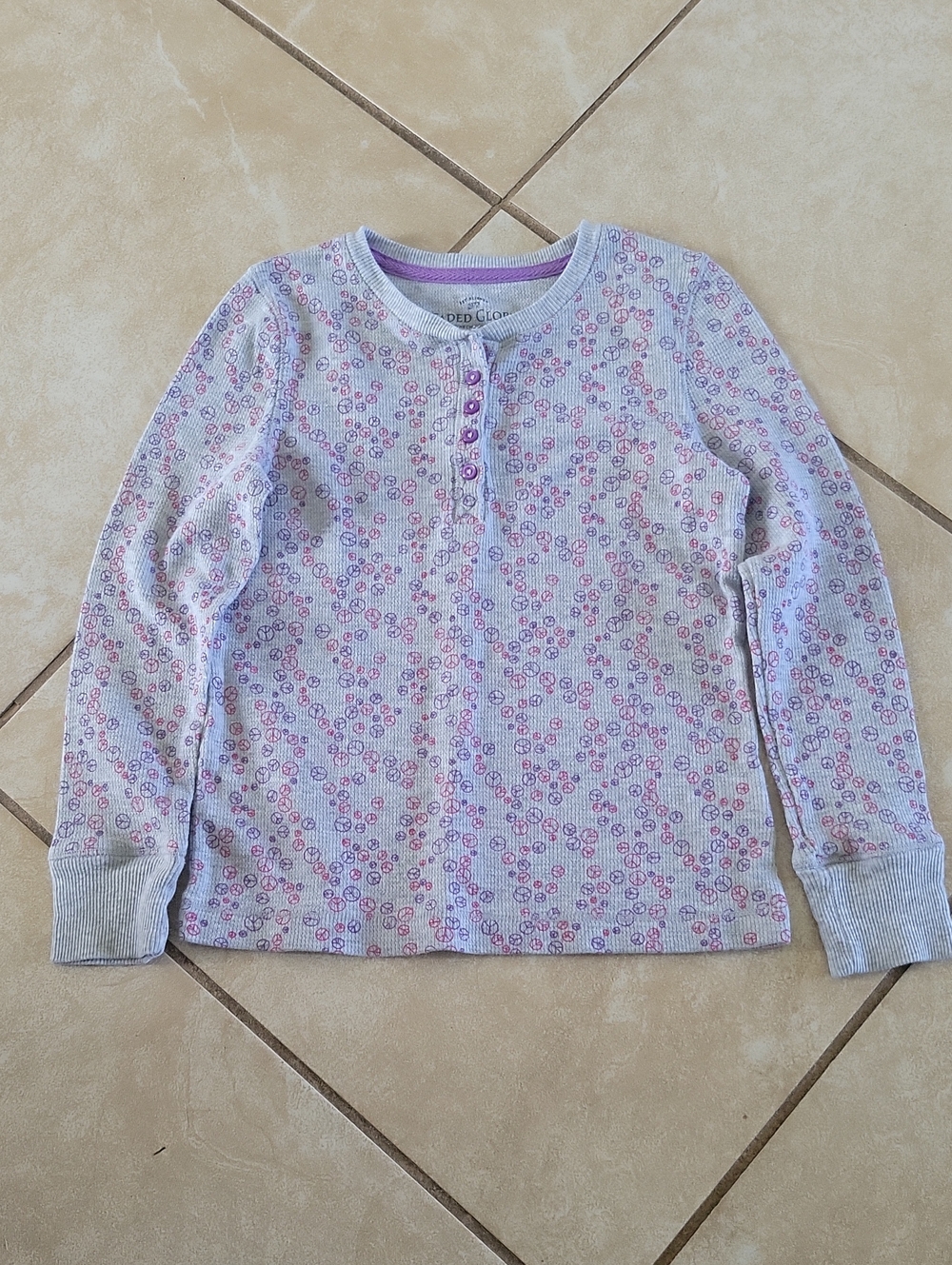 Faded Glory Lavender Ribbed Henley with Pink Floral Dots